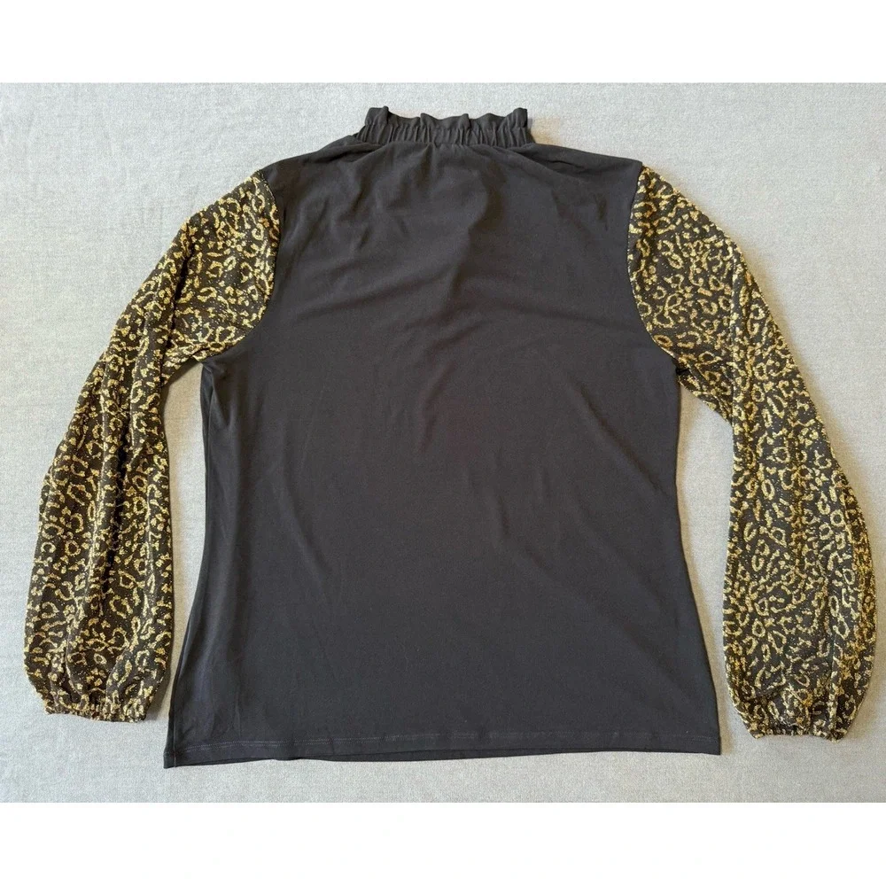 NEW Michael Kors Blouse Black Gold Leopard Print Ruffle Tie Neck Long Sleeve Lrg